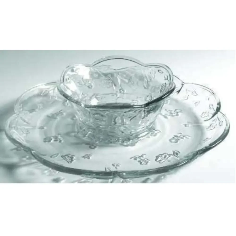 Floral Patterned Chip and Dip Set by Anchor Hocking Savannah Clear Glass 2 pcs